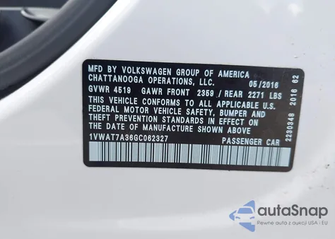 2016 Volkswagen Passat 1.8T S z USA, uszkodzony, nr VIN 1VWAT7A36GC062327